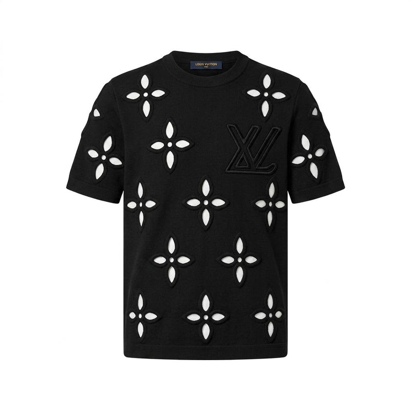 Sol Göğüs Logolu Beyaz Çiçek Desenli Triko T-Shirt - Siyah