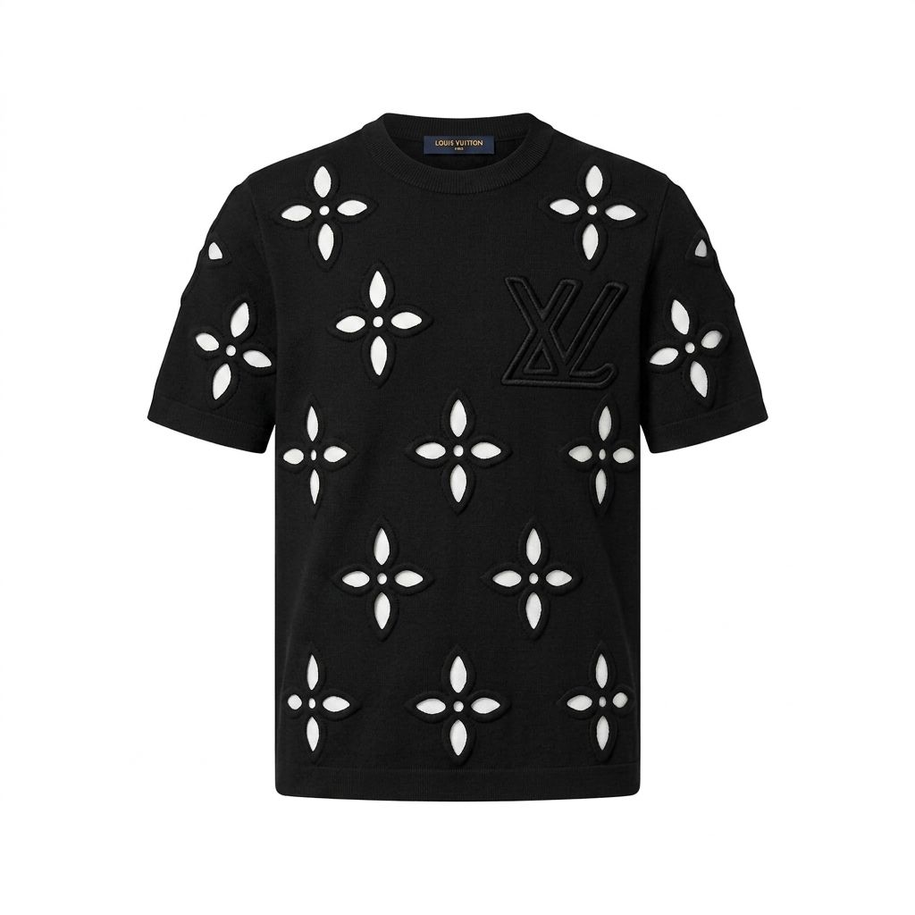 Sol Göğüs Logolu Beyaz Çiçek Desenli Triko T-Shirt - Siyah