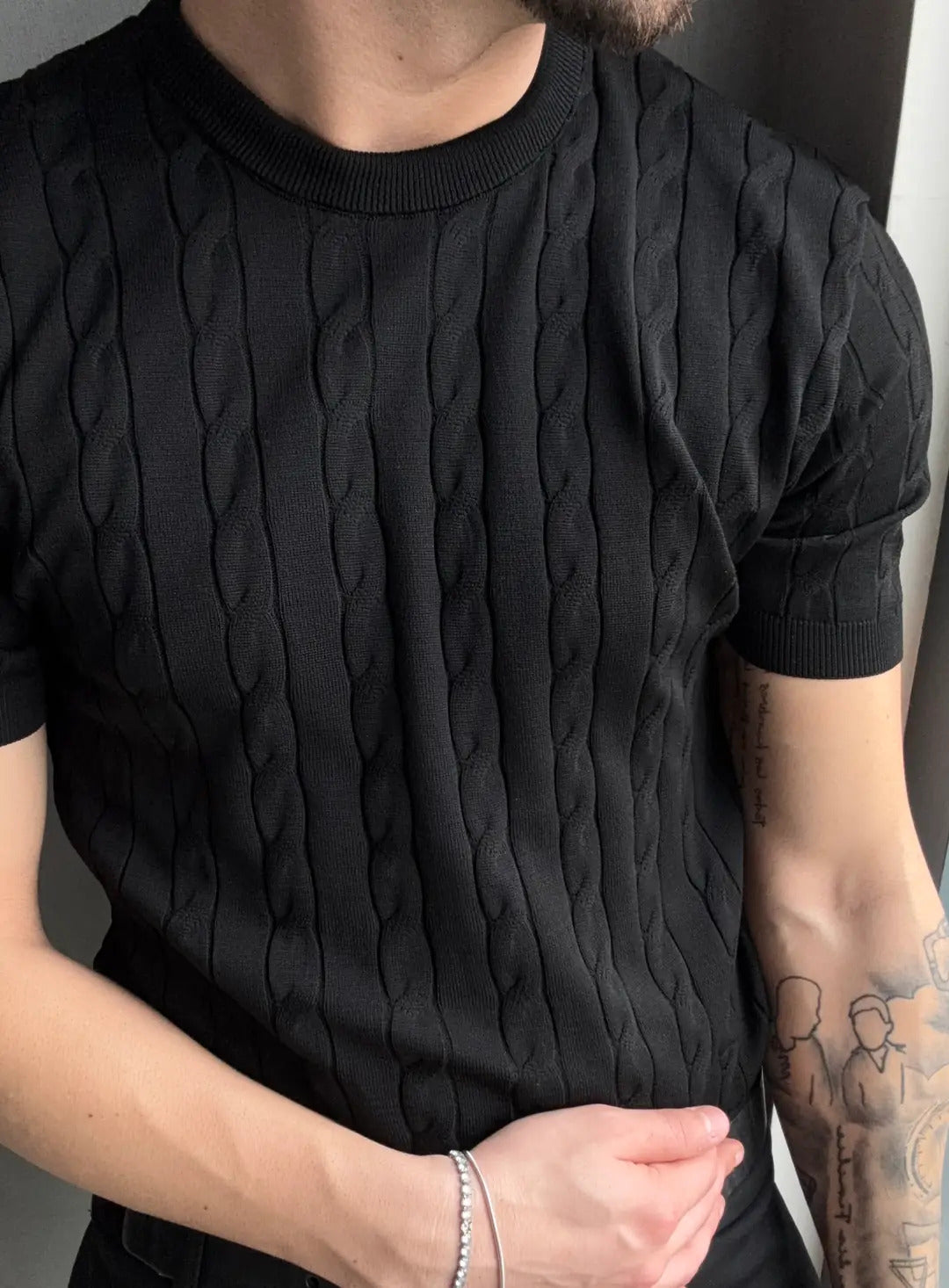 Saç Örgü Bisiklet Yaka Triko T-Shirt - Siyah