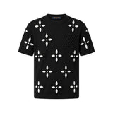 Sol Göğüs Logolu Beyaz Çiçek Desenli Triko T-Shirt - Siyah