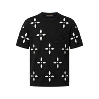 Sol Göğüs Logolu Beyaz Çiçek Desenli Triko T-Shirt - Siyah