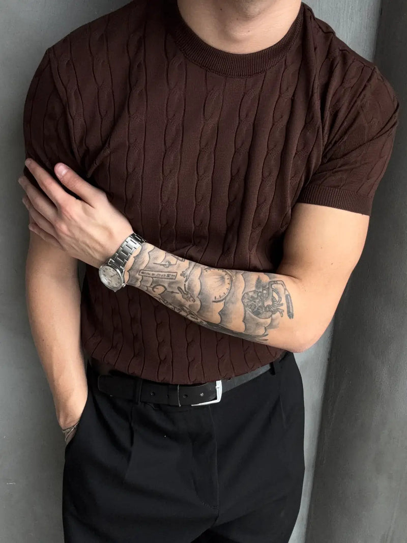 Saç Örgü Bisiklet Yaka Triko T-Shirt - Kahverengi