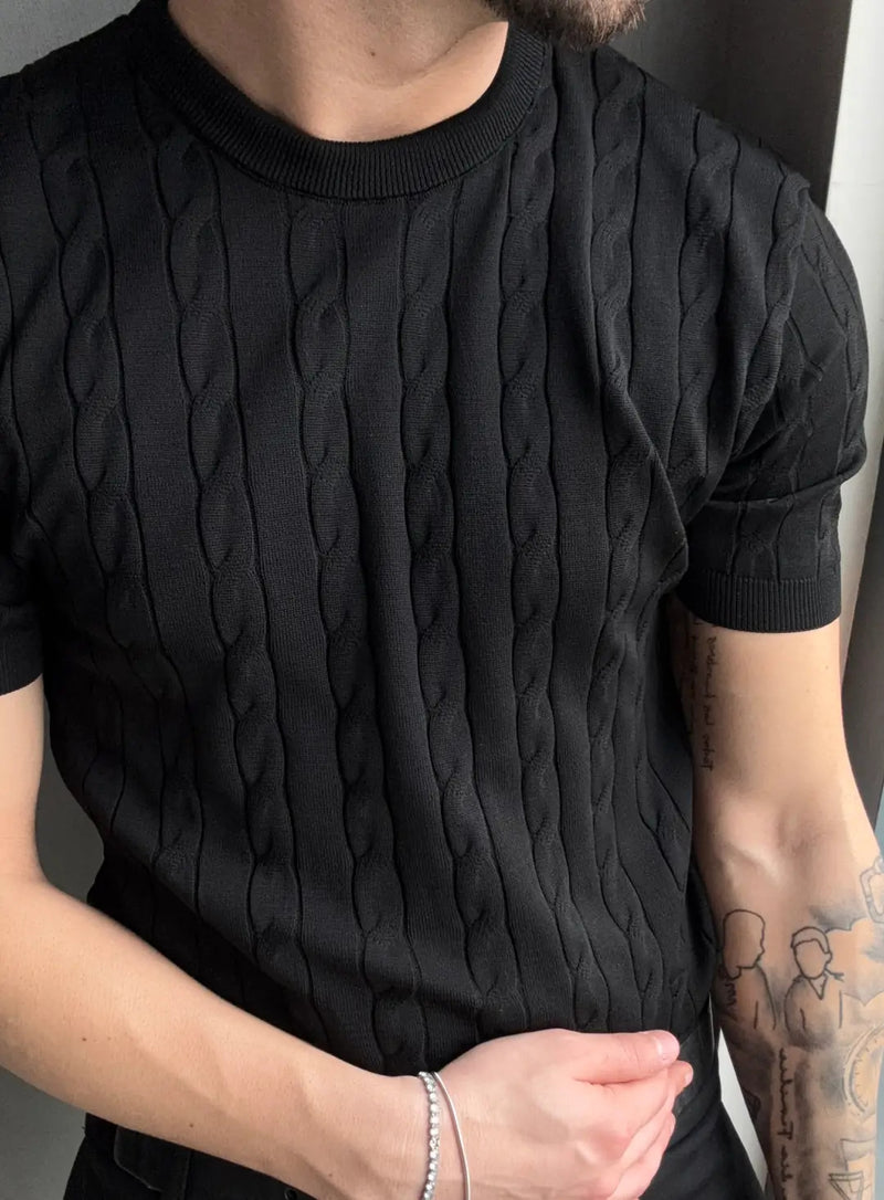 Saç Örgü Bisiklet Yaka Triko T-Shirt - Siyah